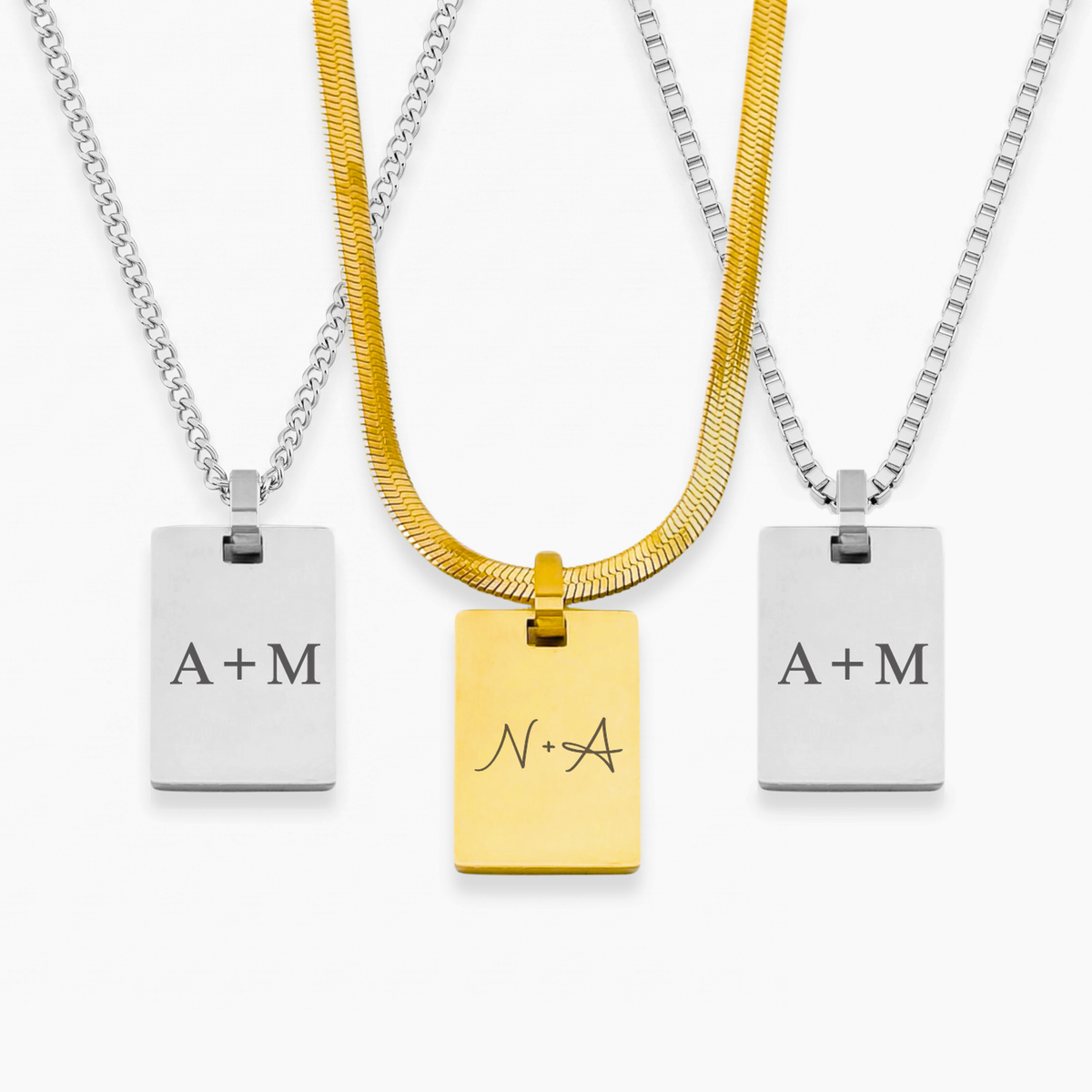 Personalized necklace shown with curb, herringbone and box chains