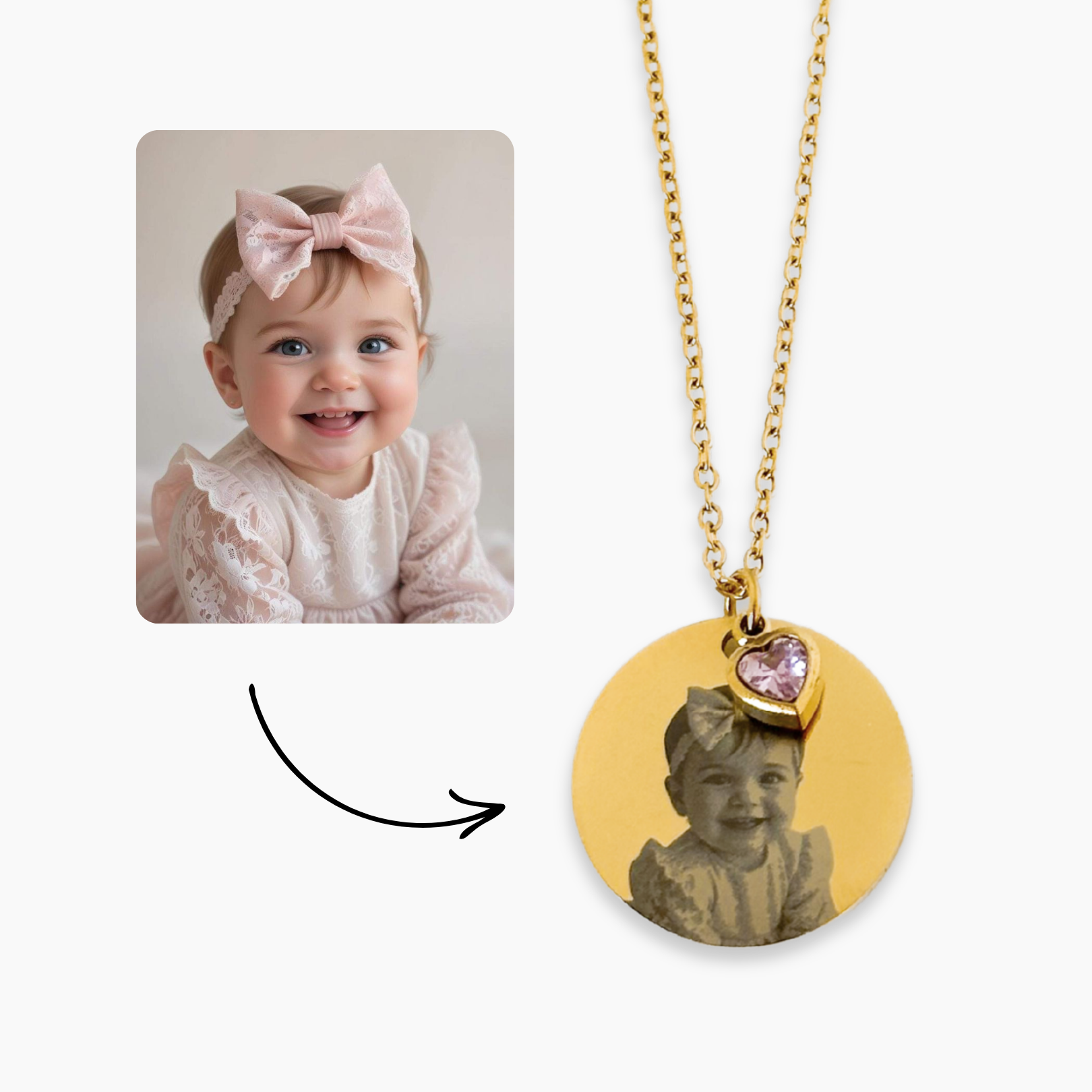 A personalized necklace with a gold-plated round disk, a chain, and an engraved photo of a baby wearing a pink bow.